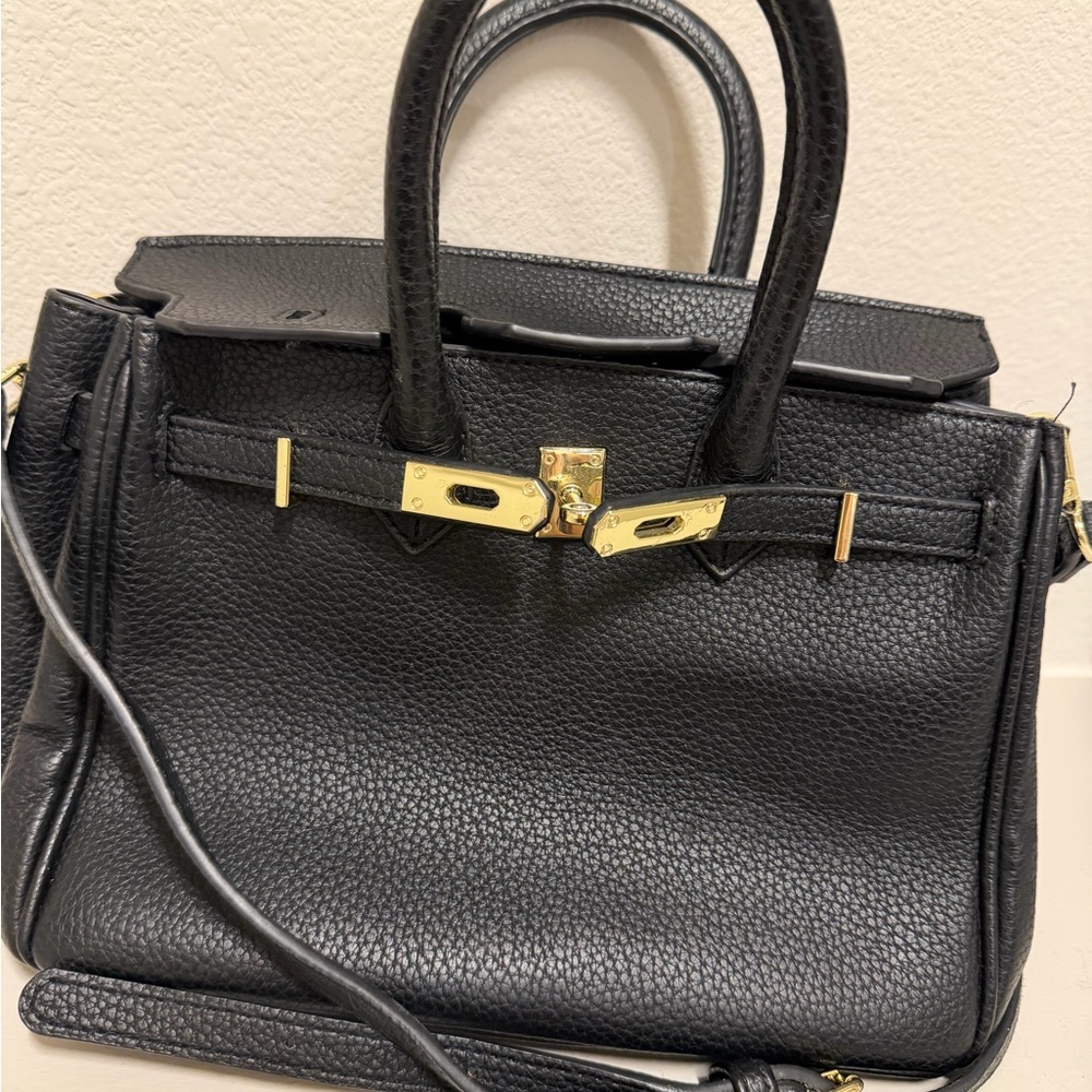 Structured Black Leather Satchel with Gold-Tone Hardware